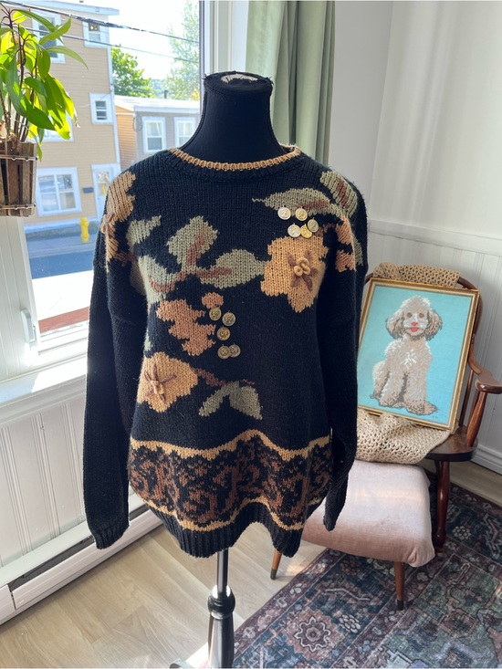 Sweaters - Women’s Vintage Black Floral Knit Sweater with Gold Coin Accents Size L